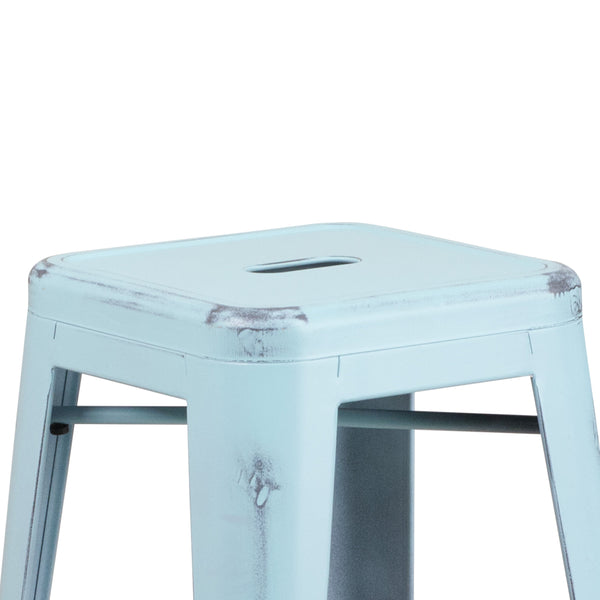 Green-Blue |#| 30inch High Backless Distressed Green-Blue Metal Indoor-Outdoor Barstool - Patio