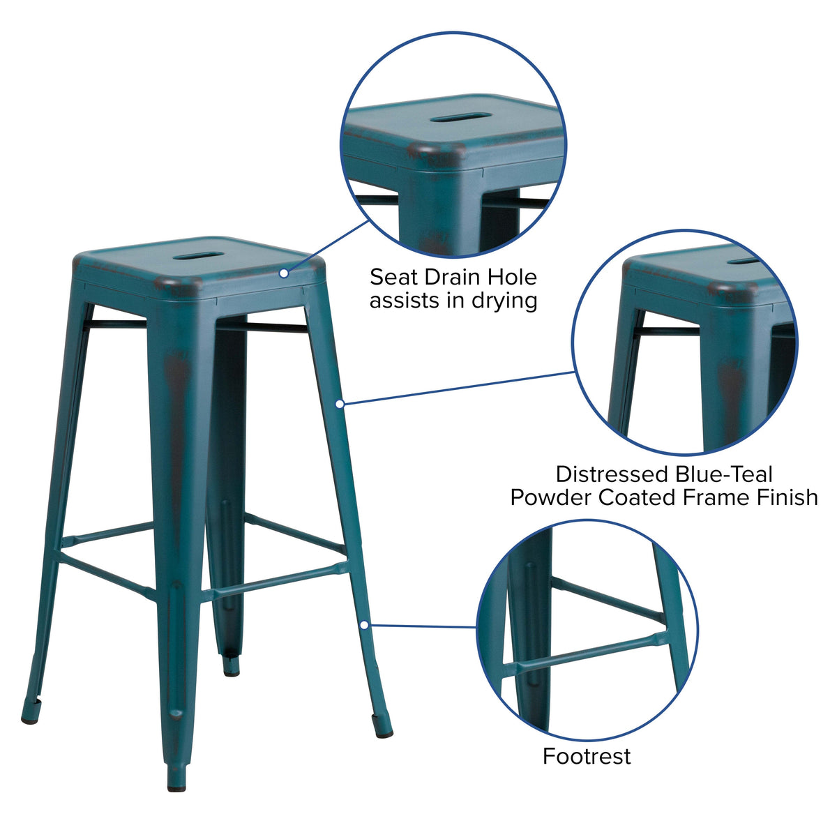 Kelly Blue-Teal |#| 30inch High Backless Distressed Blue-Teal Metal Indoor-Outdoor Barstool - Patio