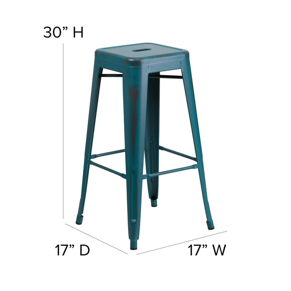 Kelly Blue-Teal |#| 30inch High Backless Distressed Blue-Teal Metal Indoor-Outdoor Barstool - Patio