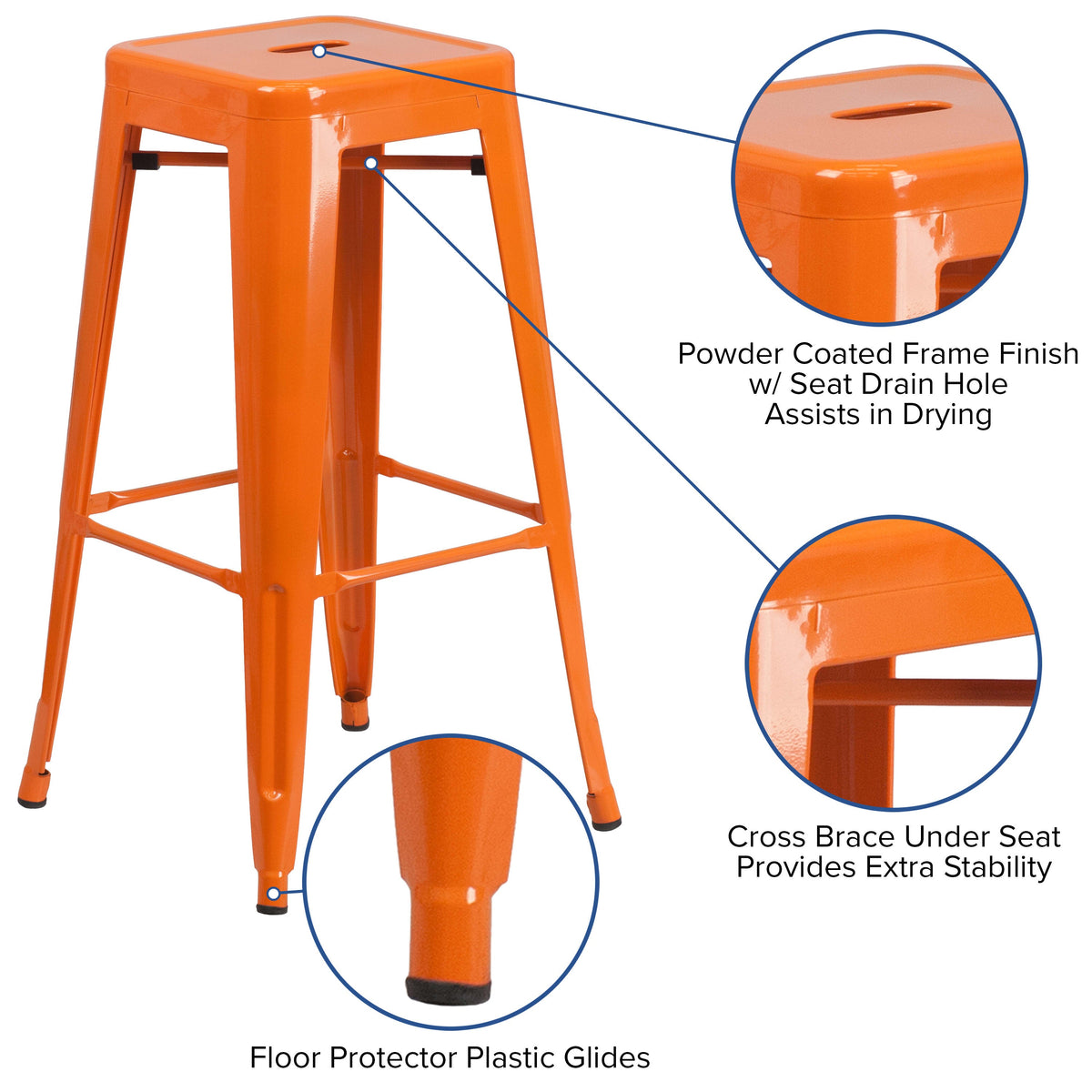 Orange |#| Commercial Grade 30inchH Backless Orange Metal Indoor-Outdoor Barstool, Square