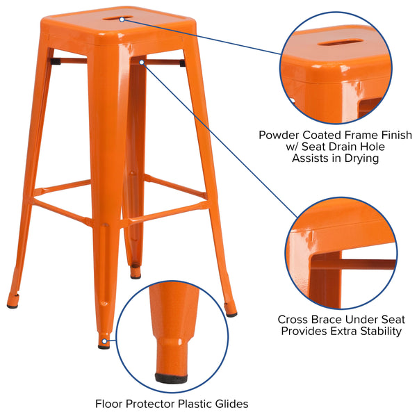 Orange |#| Commercial Grade 30inchH Backless Orange Metal Indoor-Outdoor Barstool, Square