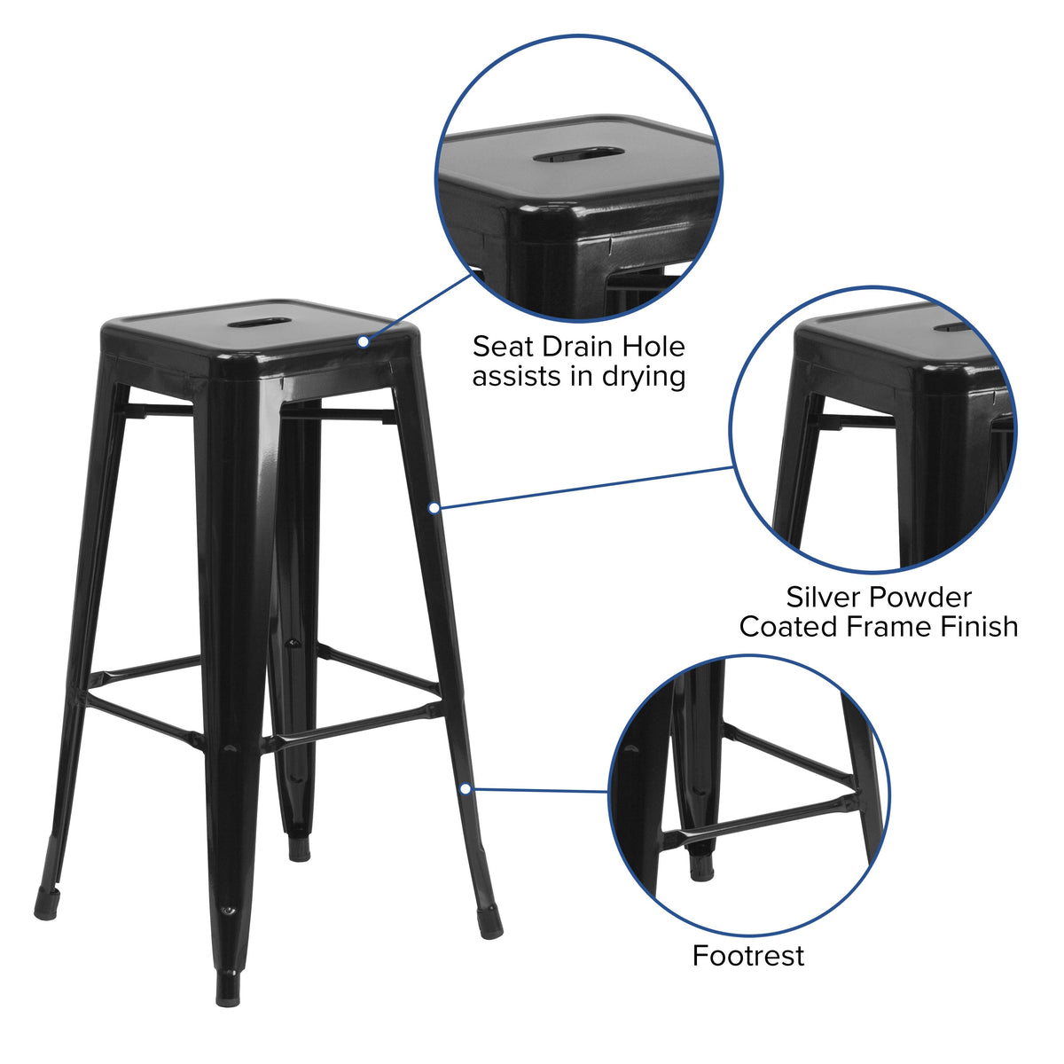 Black |#| Commercial Grade 30inchH Backless Black Metal Indoor-Outdoor Barstool, Square