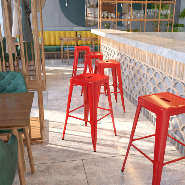 Red |#| Commercial Grade 30inchH Backless Red Metal Indoor-Outdoor Barstool, Square