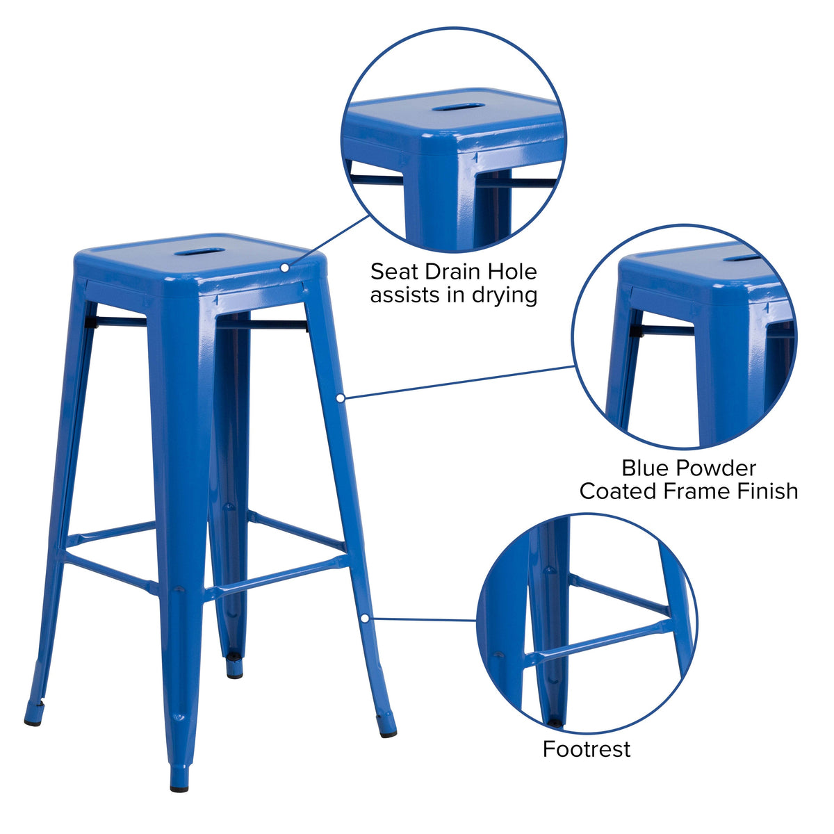 Blue |#| Commercial Grade 30inchH Backless Blue Metal Indoor-Outdoor Barstool, Square