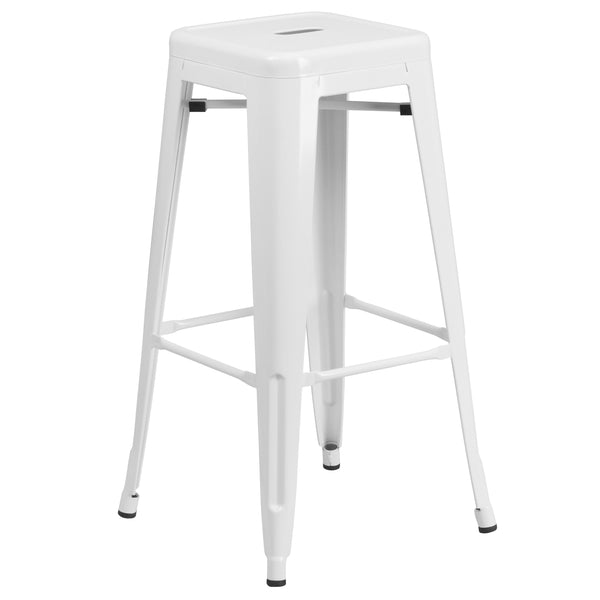 White |#| Commercial Grade 30inchH Backless White Metal Indoor-Outdoor Barstool, Square