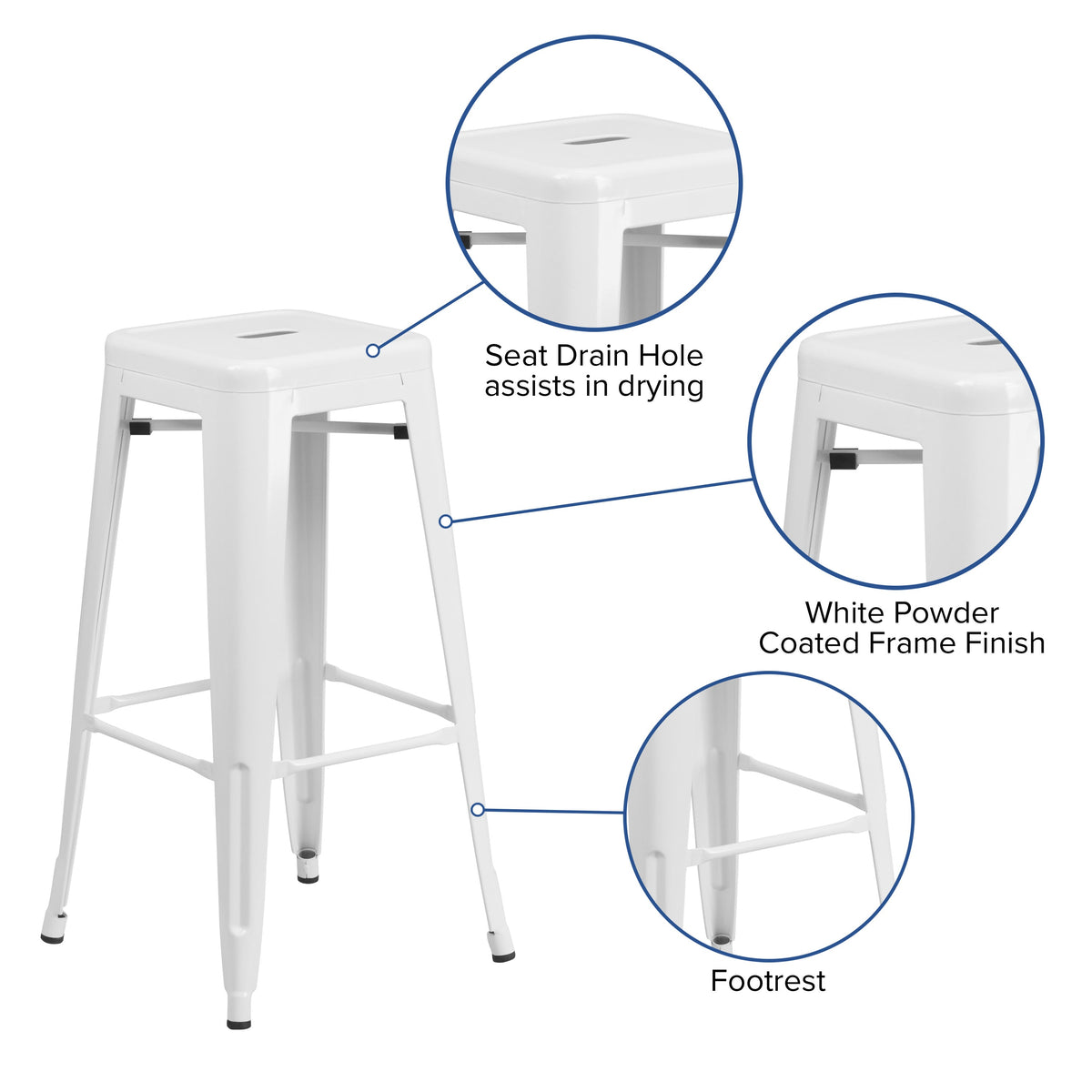 White |#| Commercial Grade 30inchH Backless White Metal Indoor-Outdoor Barstool, Square