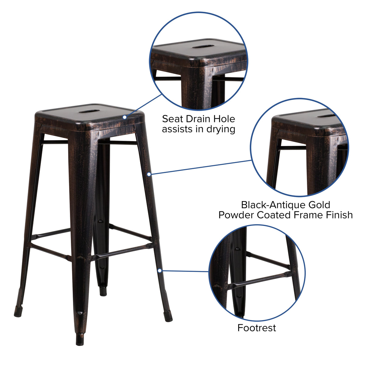 Black-Antique Gold |#| Commercial Grade 30inchH Backless Black-Gold Metal Indoor-Outdoor Barstool, Square