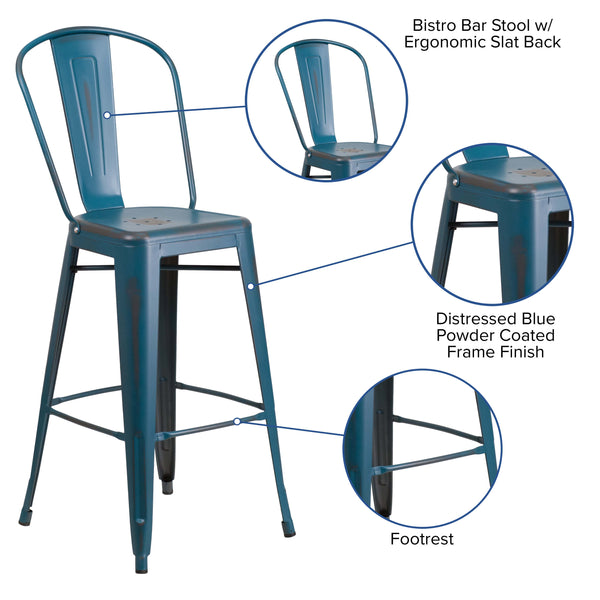 Antique Blue |#| 30inch High Distressed Antique Blue Metal Indoor-Outdoor Barstool with Back