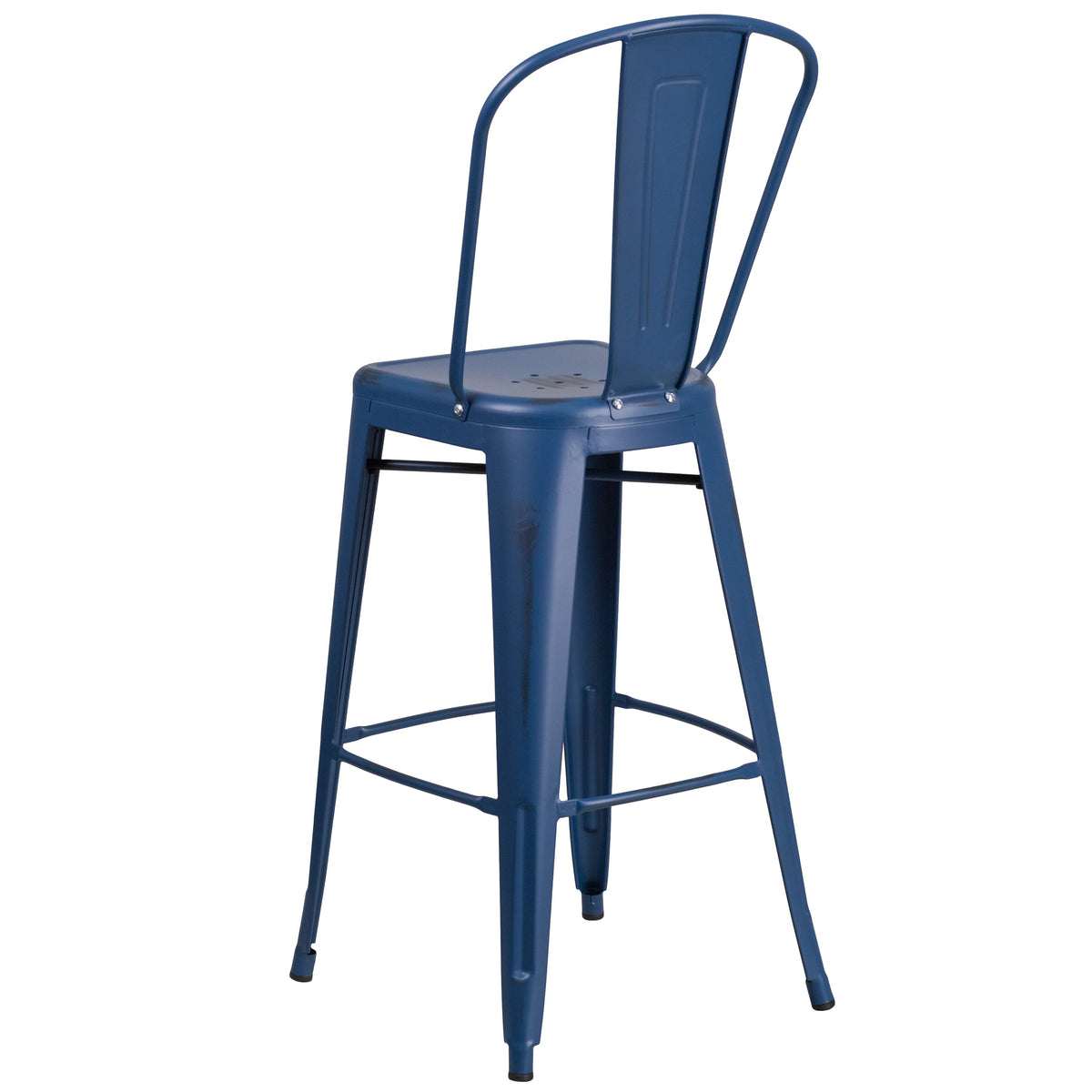 Antique Blue |#| 30inch High Distressed Antique Blue Metal Indoor-Outdoor Barstool with Back