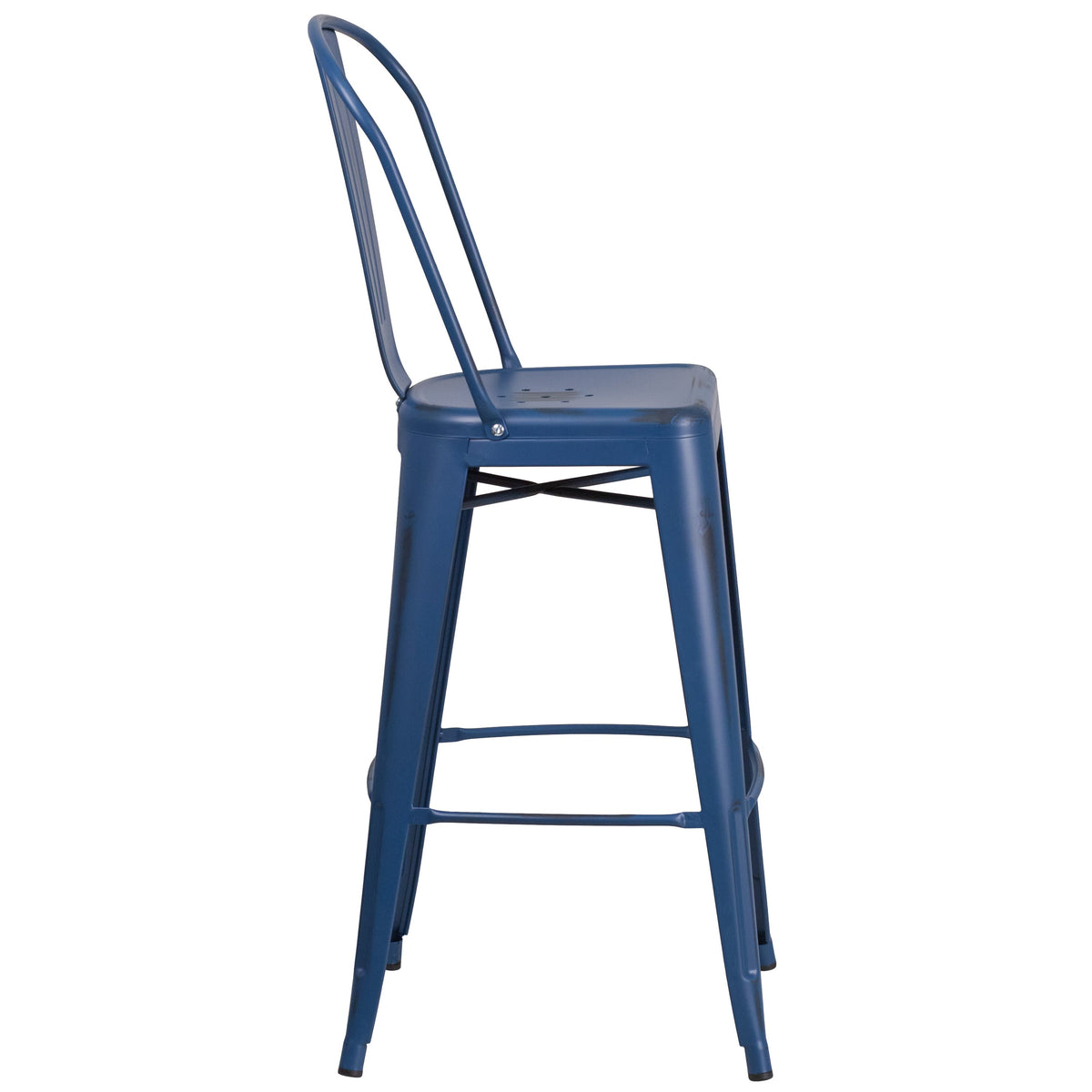 Antique Blue |#| 30inch High Distressed Antique Blue Metal Indoor-Outdoor Barstool with Back
