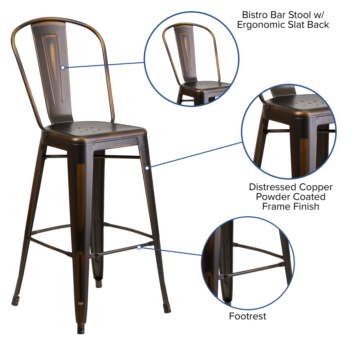 Copper |#| 30inch High Distressed Copper Metal Indoor-Outdoor Barstool with Back