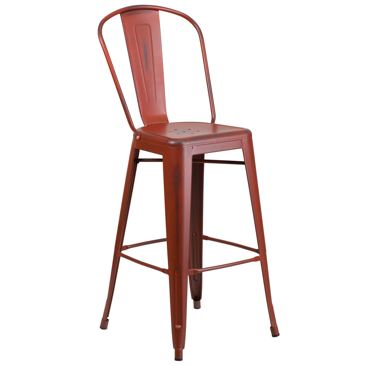 Kelly Red |#| 30inch High Distressed Kelly Red Metal Indoor-Outdoor Barstool with Back