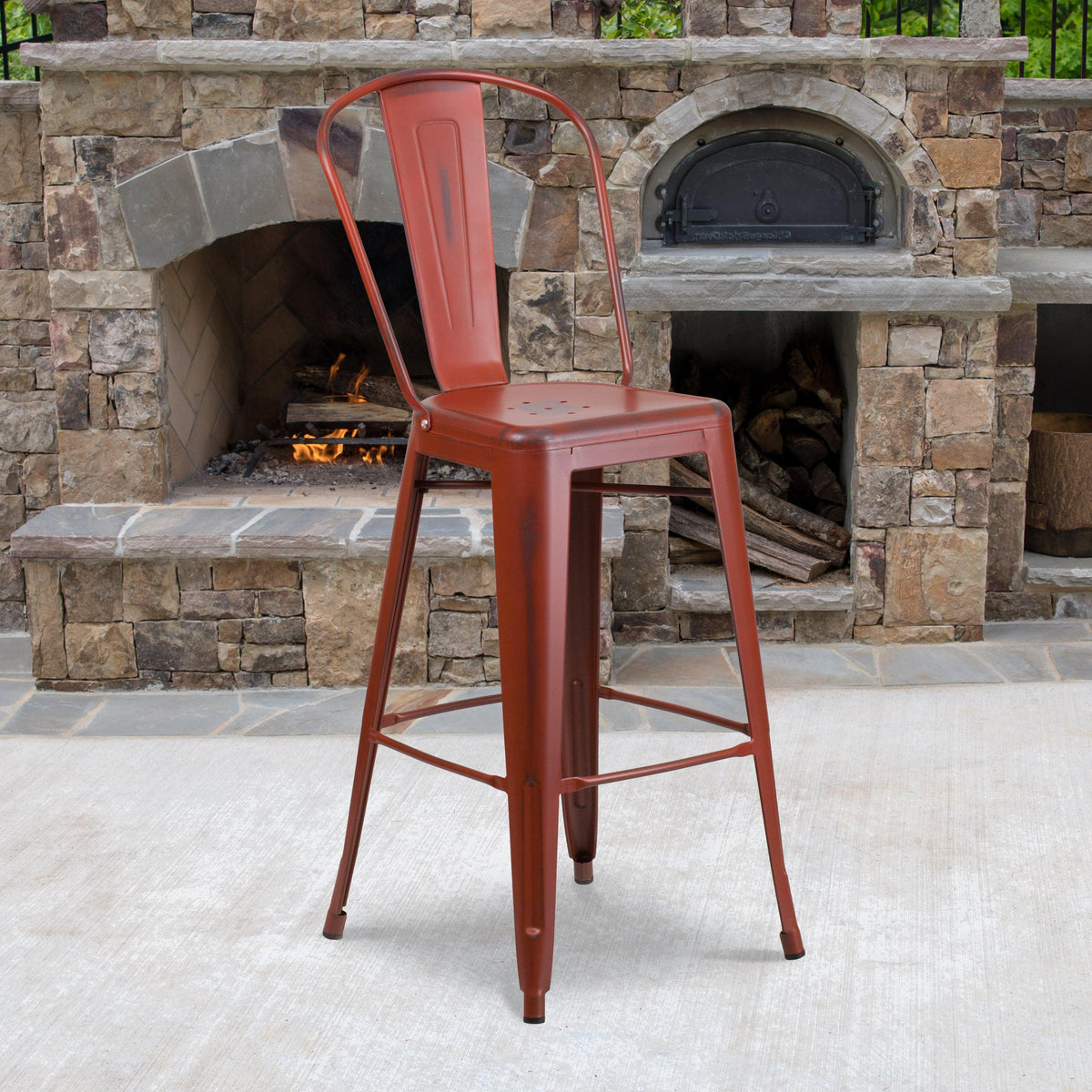 Kelly Red |#| 30inch High Distressed Kelly Red Metal Indoor-Outdoor Barstool with Back