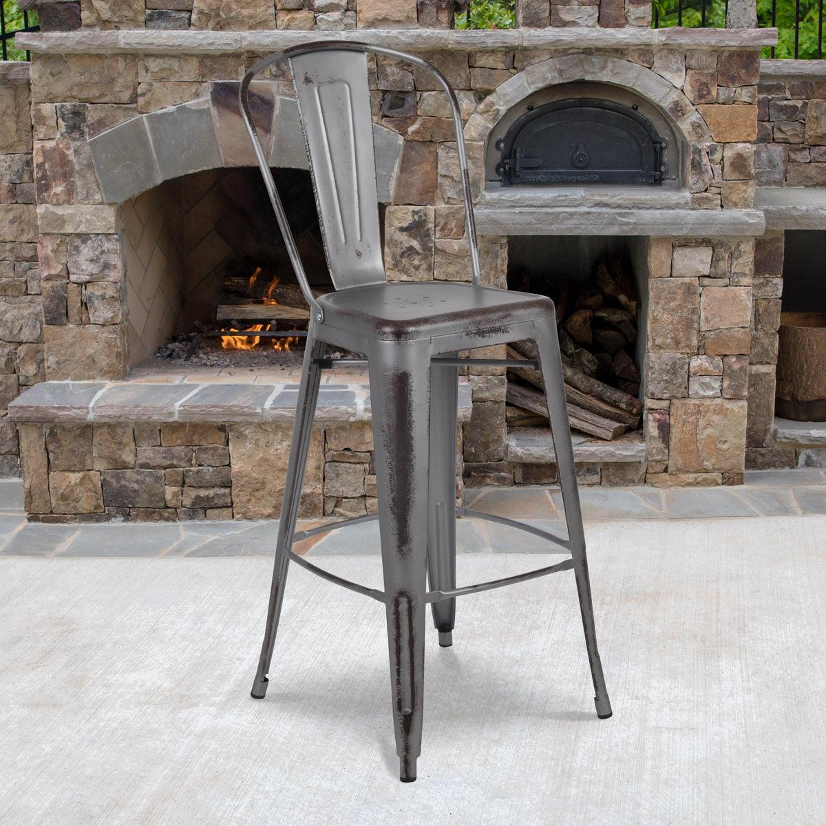Silver Gray |#| 30inchH Distressed Silver Gray Metal Indoor-Outdoor Dining Barstool with Back