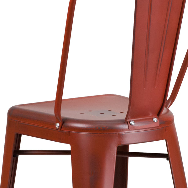 Kelly Red |#| 30inch High Distressed Kelly Red Metal Indoor-Outdoor Barstool with Back