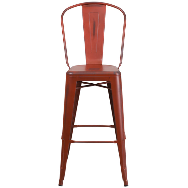 Kelly Red |#| 30inch High Distressed Kelly Red Metal Indoor-Outdoor Barstool with Back