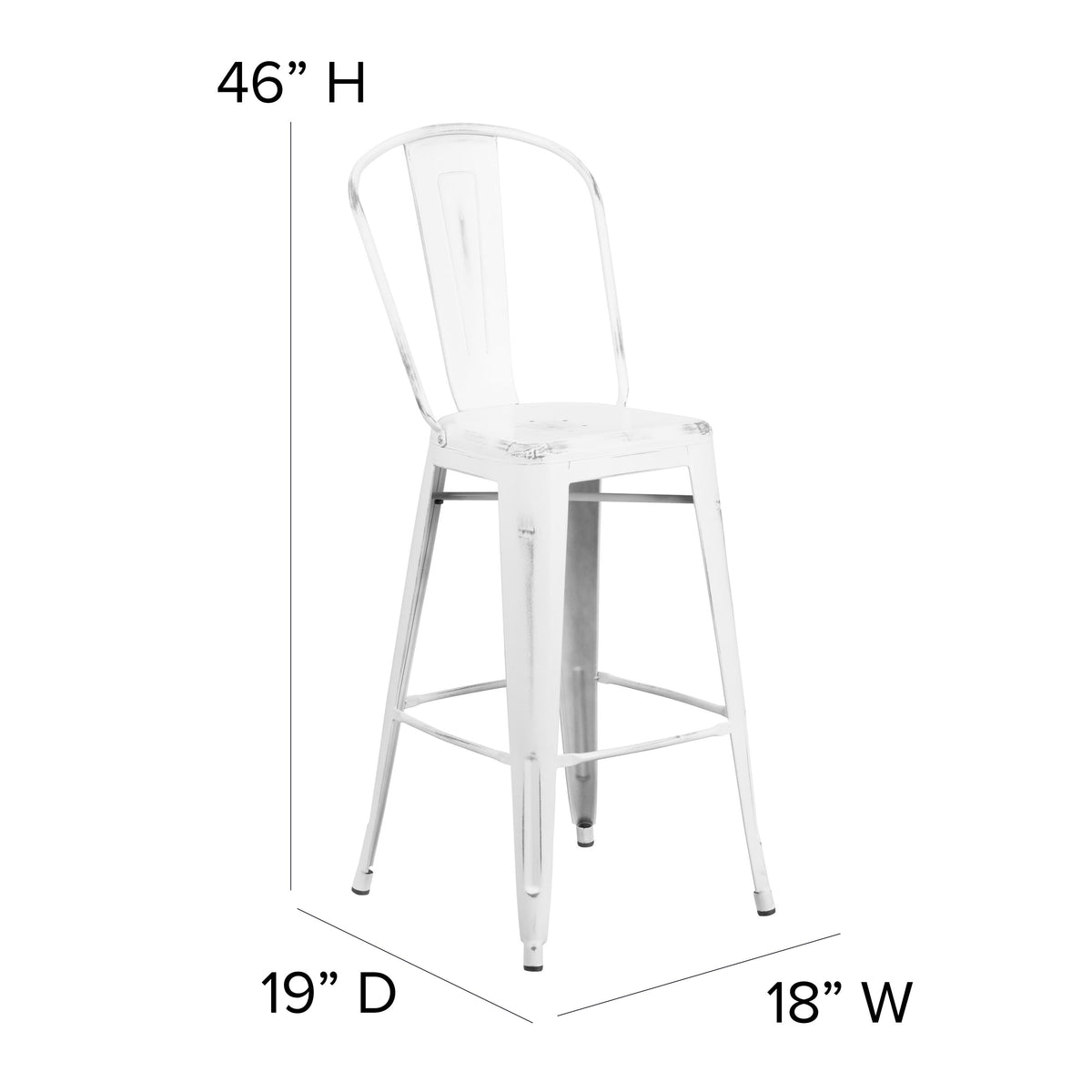 White |#| 30inch High Distressed White Metal Indoor-Outdoor Barstool with Back