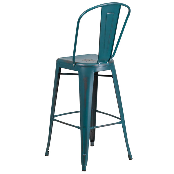 Kelly Blue-Teal |#| 30inch High Distressed Kelly Blue-Teal Metal Indoor-Outdoor Barstool with Back