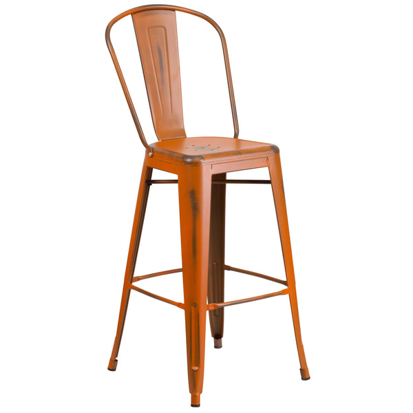 Orange |#| 30inch High Distressed Orange Metal Indoor-Outdoor Barstool with Back