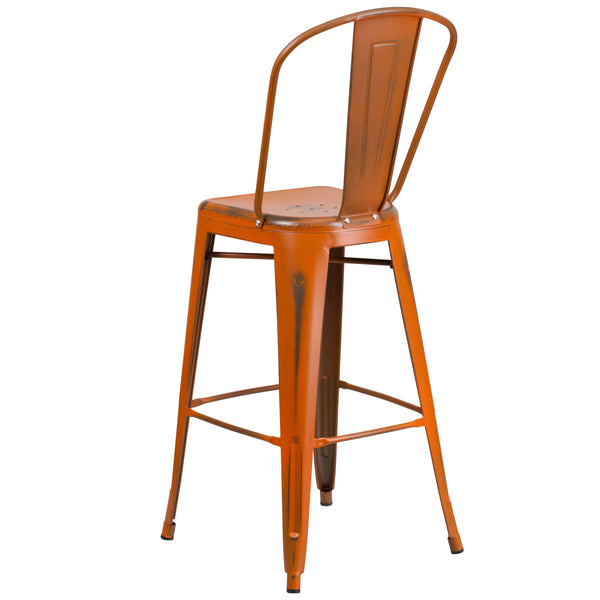 Orange |#| 30inch High Distressed Orange Metal Indoor-Outdoor Barstool with Back