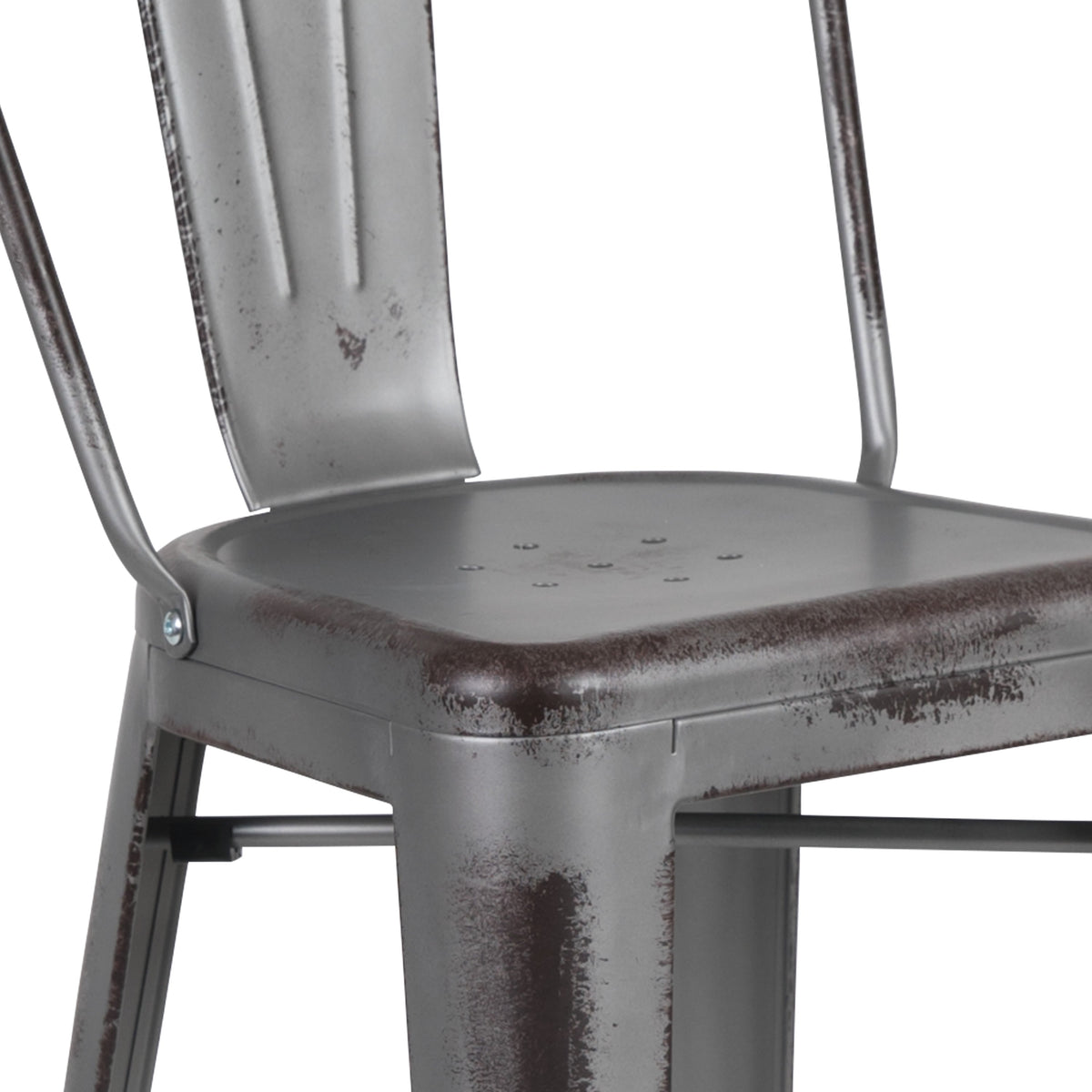 Silver Gray |#| 30inchH Distressed Silver Gray Metal Indoor-Outdoor Dining Barstool with Back
