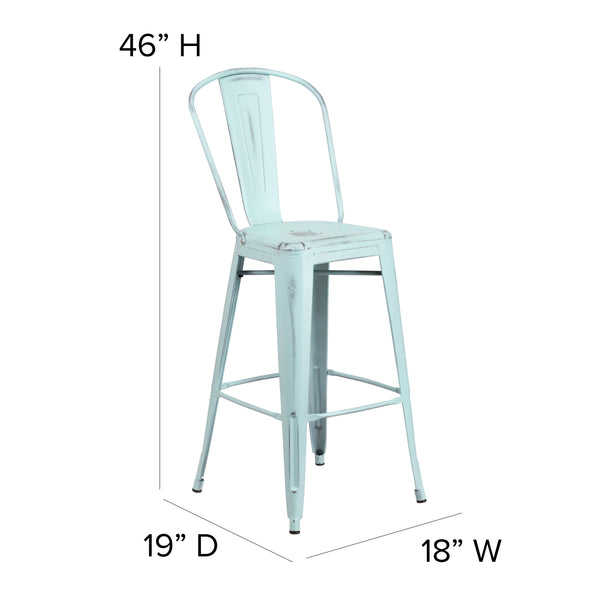 Green-Blue |#| 30inch High Distressed Green-Blue Metal Indoor-Outdoor Barstool with Back