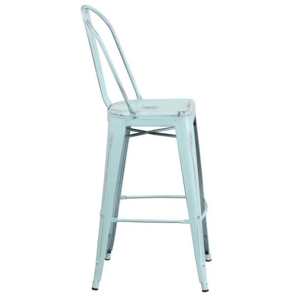 Green-Blue |#| 30inch High Distressed Green-Blue Metal Indoor-Outdoor Barstool with Back