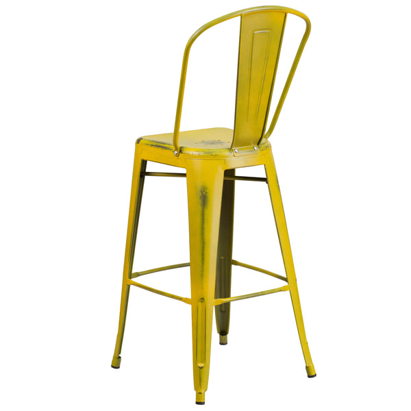 Yellow |#| 30inch High Distressed Yellow Metal Indoor-Outdoor Barstool with Back