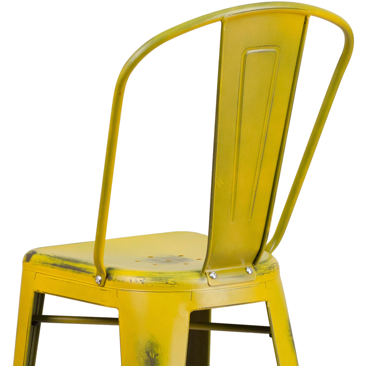 Yellow |#| 30inch High Distressed Yellow Metal Indoor-Outdoor Barstool with Back
