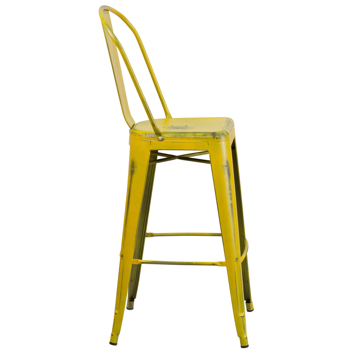 Yellow |#| 30inch High Distressed Yellow Metal Indoor-Outdoor Barstool with Back