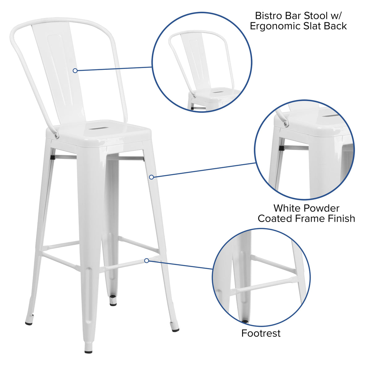 White |#| 30inch High White Metal Indoor-Outdoor Barstool with Back - Kitchen Furniture