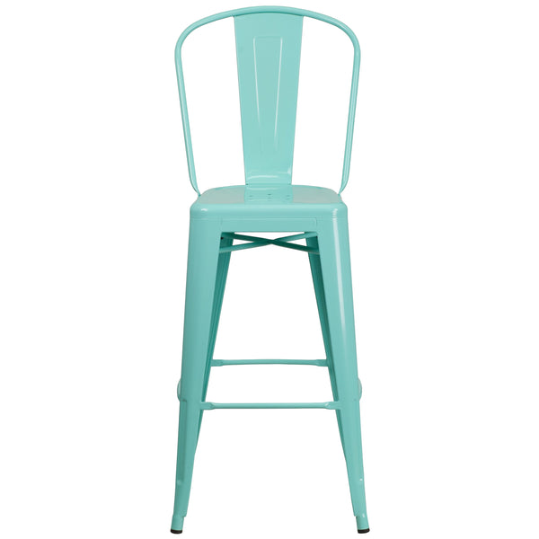 Mint Green |#| 30inch High Mint Green Metal Indoor-Outdoor Barstool with Back