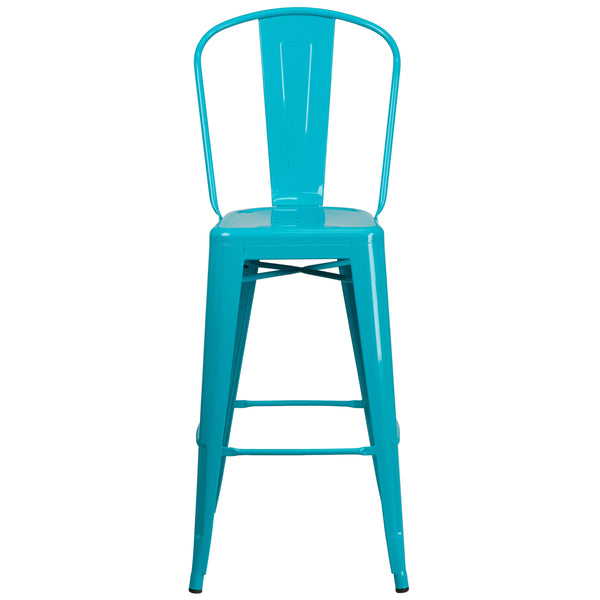 Crystal Teal-Blue |#| 30inch High Crystal Teal-Blue Metal Indoor-Outdoor Barstool with Back