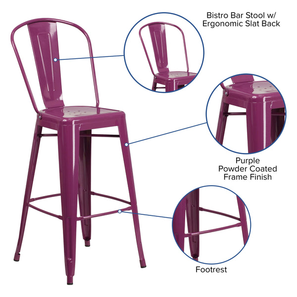 Purple |#| 30inch High Purple Metal Indoor-Outdoor Barstool with Back