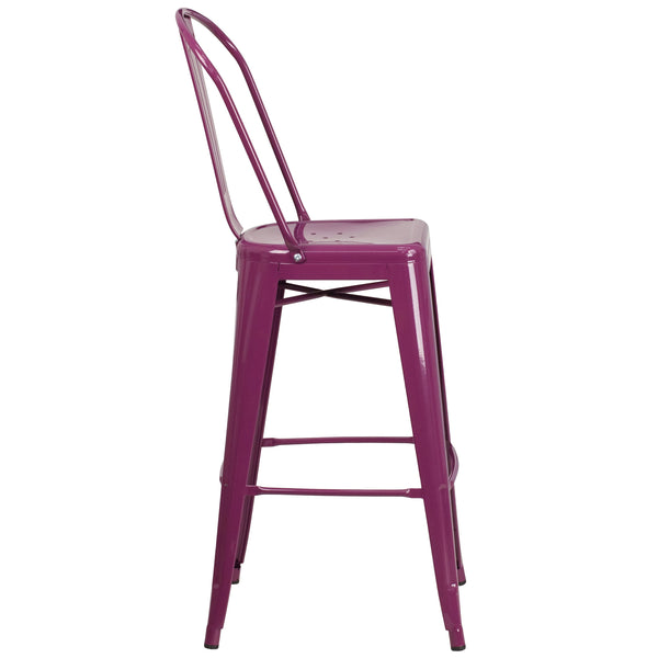 Purple |#| 30inch High Purple Metal Indoor-Outdoor Barstool with Back