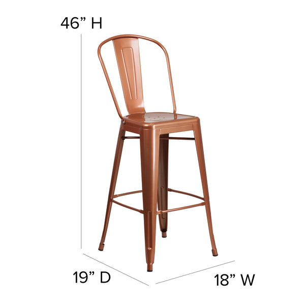 Copper |#| 30inch High Copper Metal Indoor-Outdoor Barstool with Back