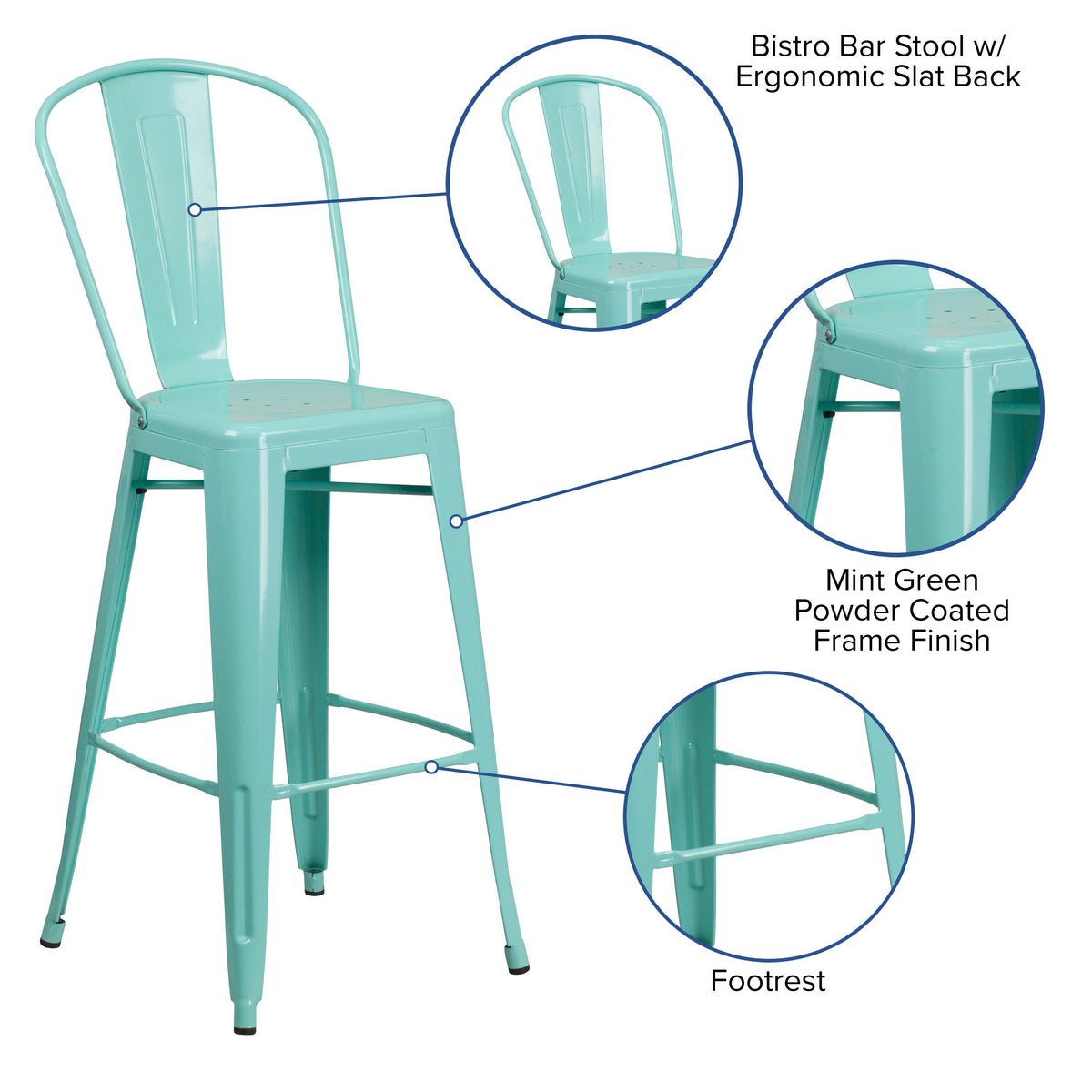 Mint Green |#| 30inch High Mint Green Metal Indoor-Outdoor Barstool with Back