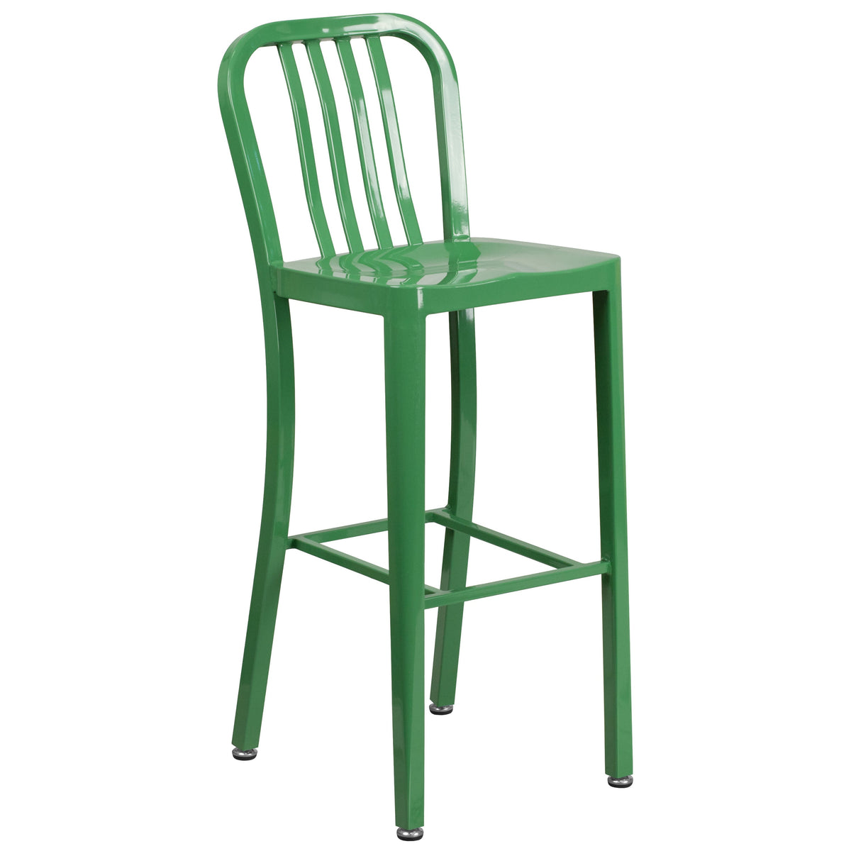 Green |#| 30inch High Green Metal Indoor-Outdoor Barstool with Vertical Slat Back