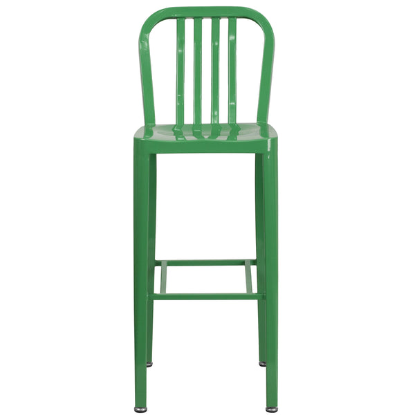 Green |#| 30inch High Green Metal Indoor-Outdoor Barstool with Vertical Slat Back