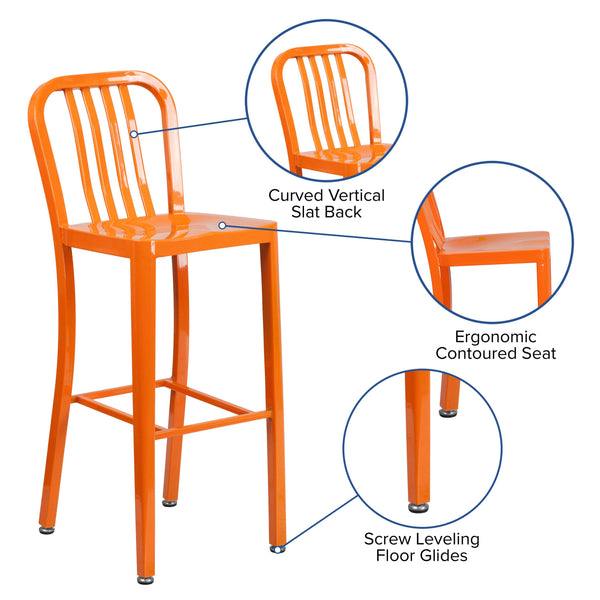 Orange |#| 30inch High Orange Metal Indoor-Outdoor Barstool with Vertical Slat Back