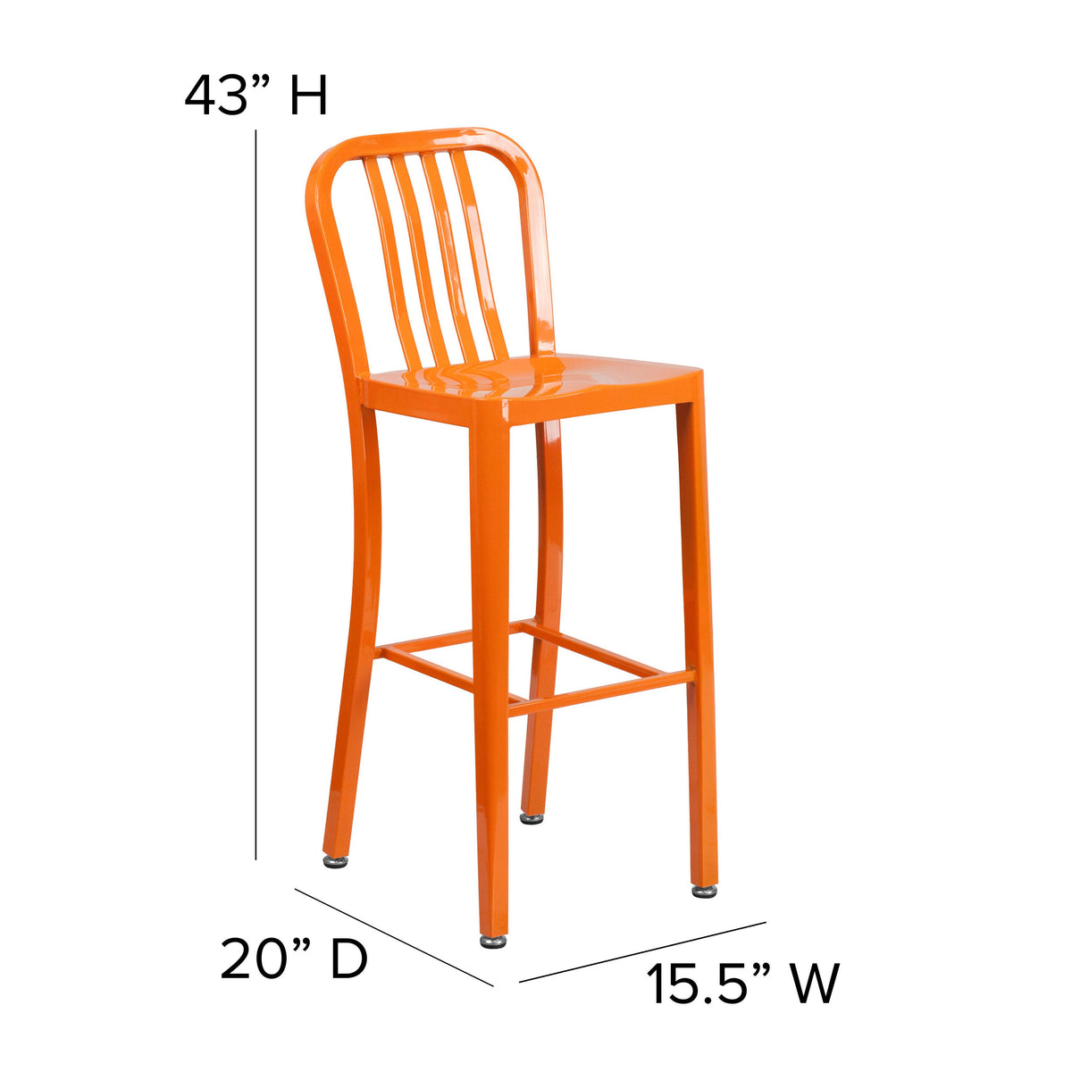 Orange |#| 30inch High Orange Metal Indoor-Outdoor Barstool with Vertical Slat Back