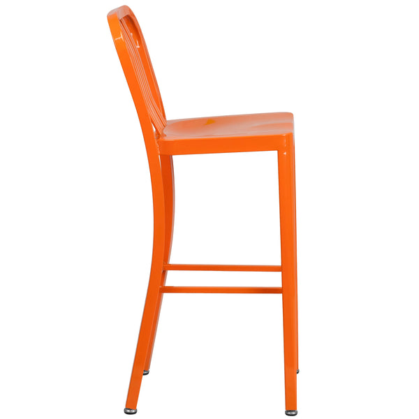 Orange |#| 30inch High Orange Metal Indoor-Outdoor Barstool with Vertical Slat Back