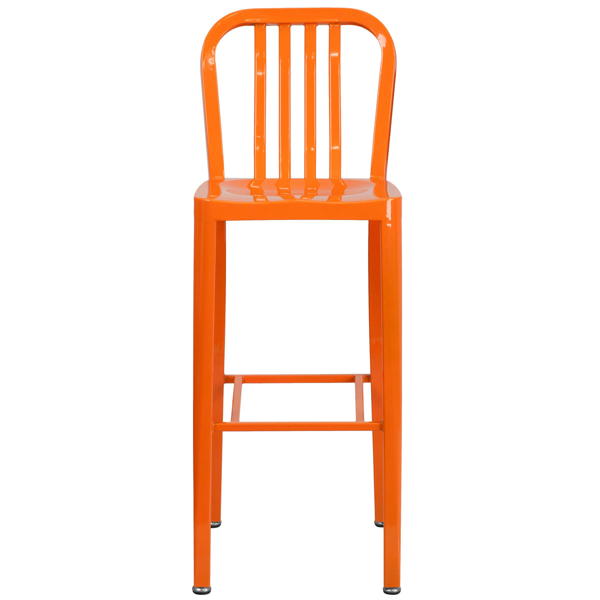 Orange |#| 30inch High Orange Metal Indoor-Outdoor Barstool with Vertical Slat Back