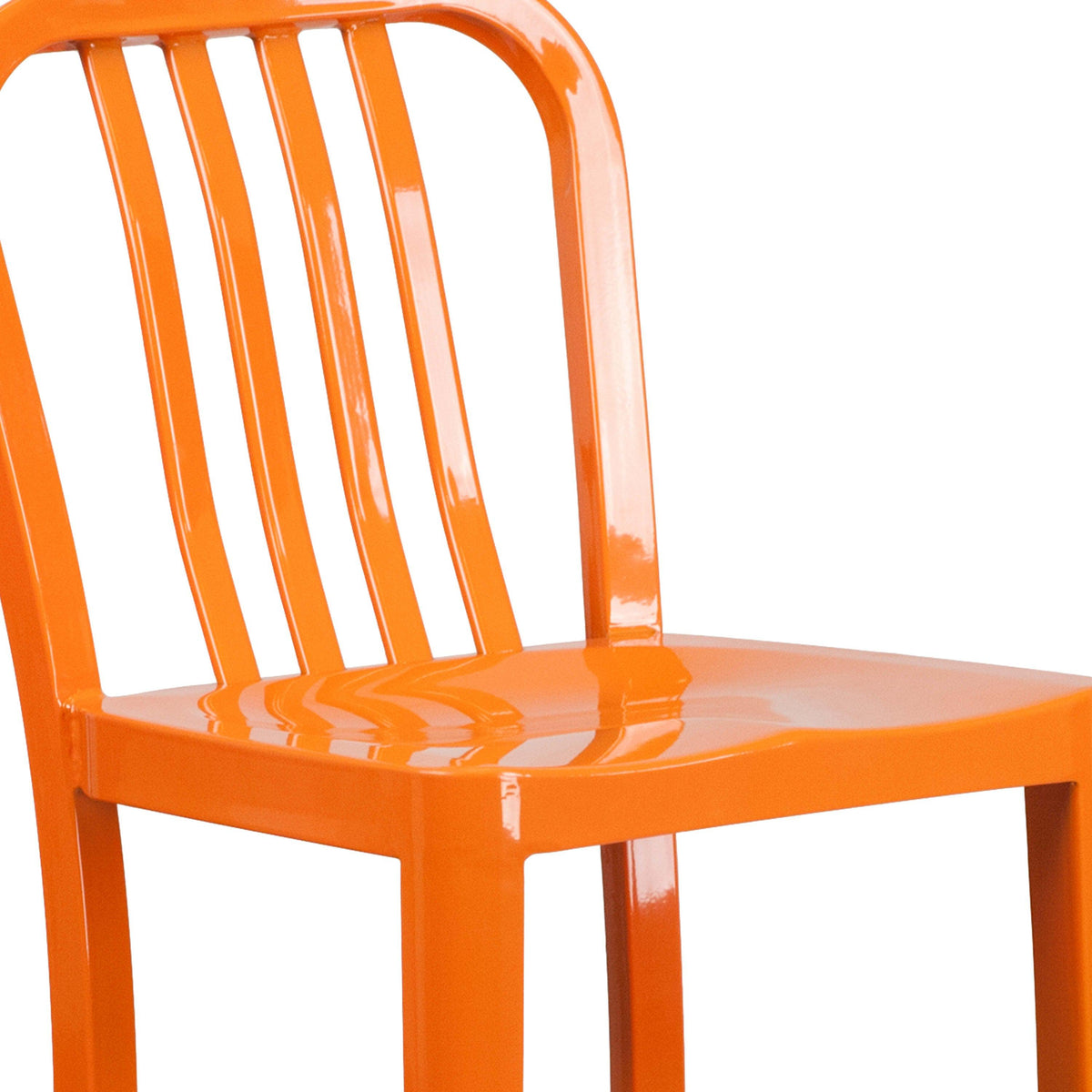 Orange |#| 30inch High Orange Metal Indoor-Outdoor Barstool with Vertical Slat Back