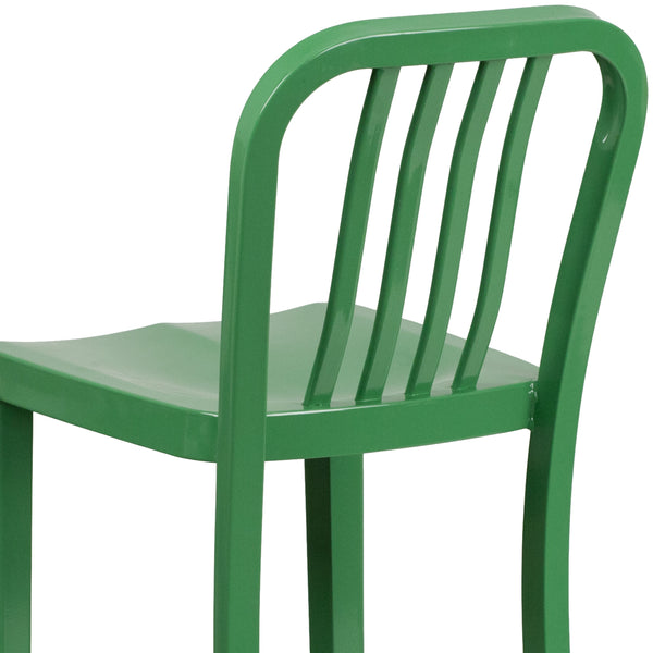 Green |#| 30inch High Green Metal Indoor-Outdoor Barstool with Vertical Slat Back