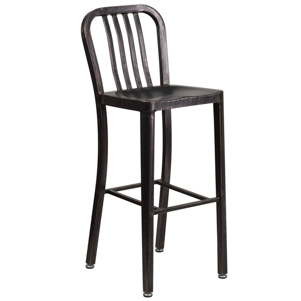 Black-Antique Gold |#| 30inch High Black-Gold Metal Indoor-Outdoor Barstool with Vertical Slat Back