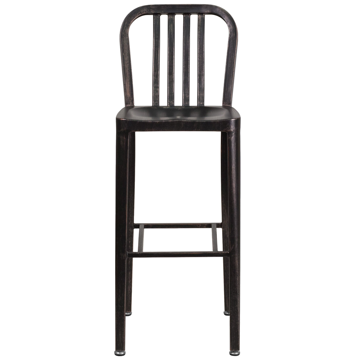 Black-Antique Gold |#| 30inch High Black-Gold Metal Indoor-Outdoor Barstool with Vertical Slat Back