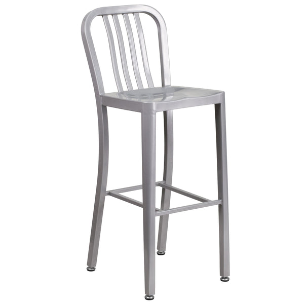 Silver |#| 30inch High Silver Metal Indoor-Outdoor Barstool with Vertical Slat Back