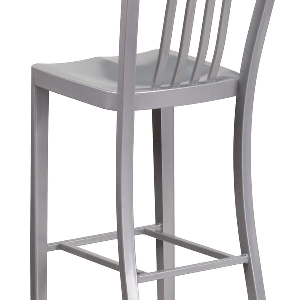 Silver |#| 30inch High Silver Metal Indoor-Outdoor Barstool with Vertical Slat Back