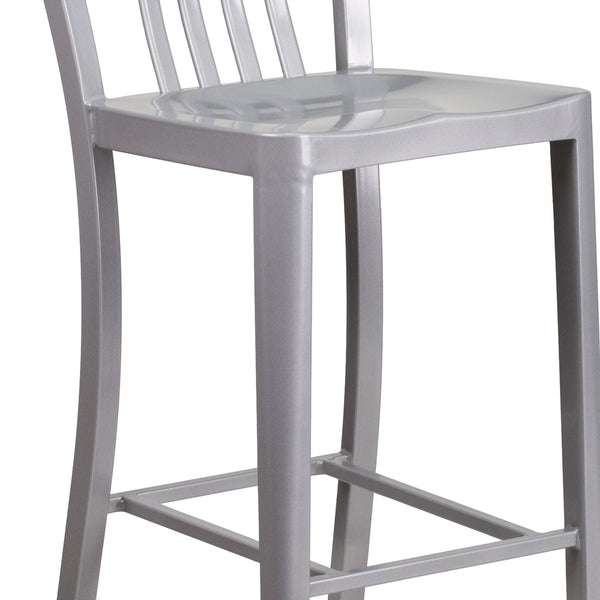 Silver |#| 30inch High Silver Metal Indoor-Outdoor Barstool with Vertical Slat Back